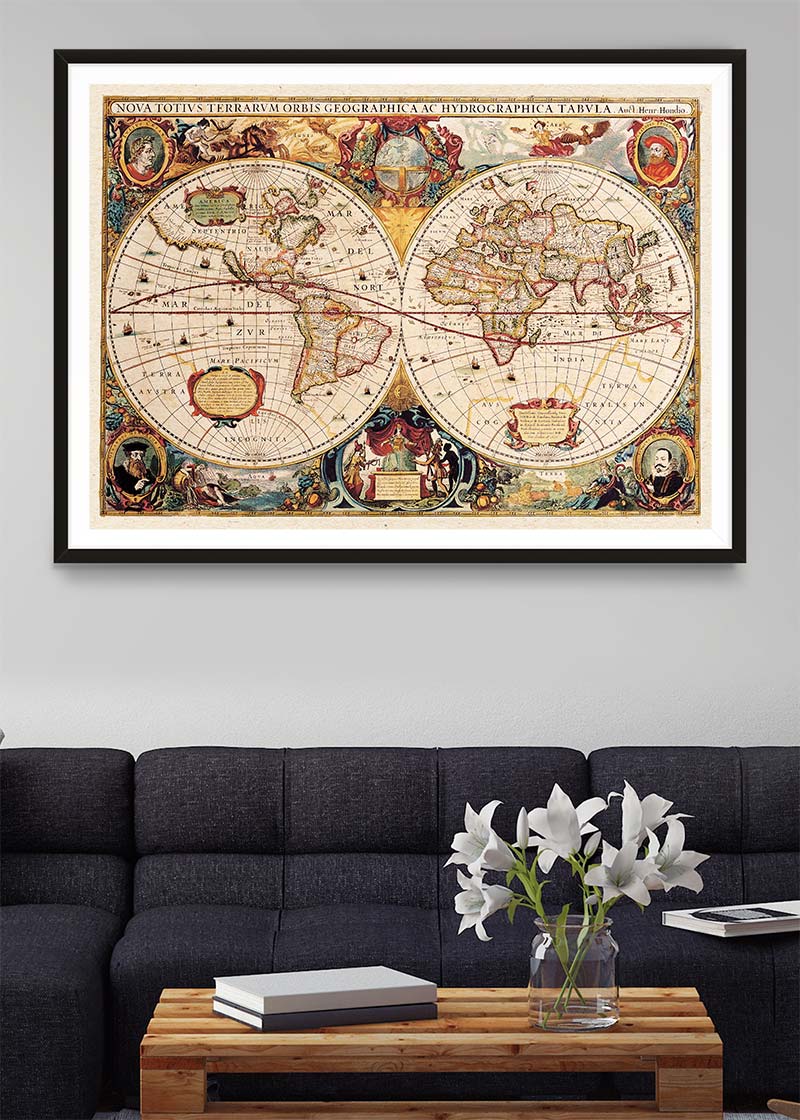 Antique World Map Double Hemisphere Map by Henricus Hondius 1630