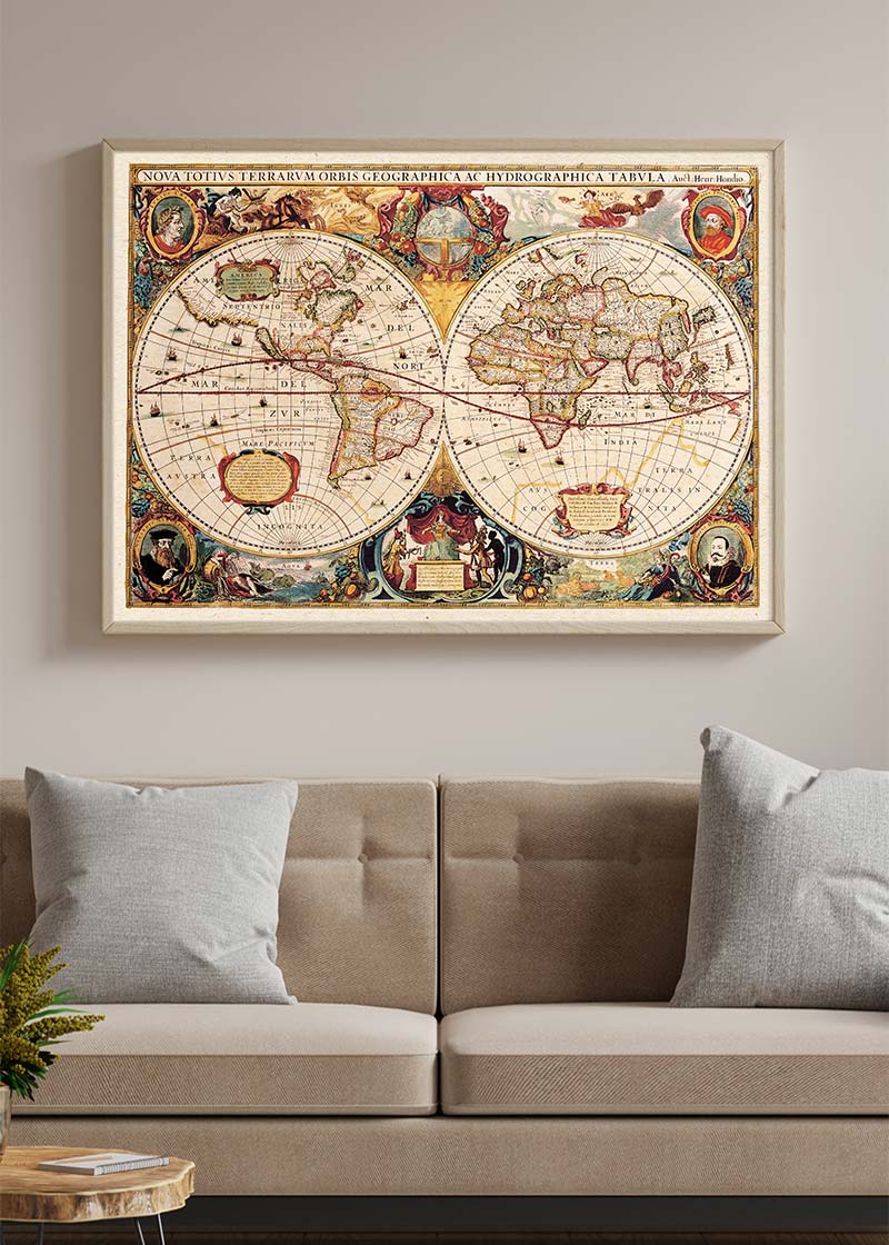 Antique World Map Double Hemisphere Map by Henricus Hondius 1630