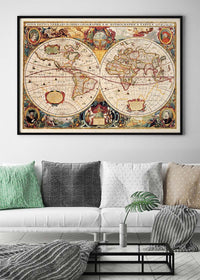 Antique World Map Double Hemisphere Map by Henricus Hondius 1630