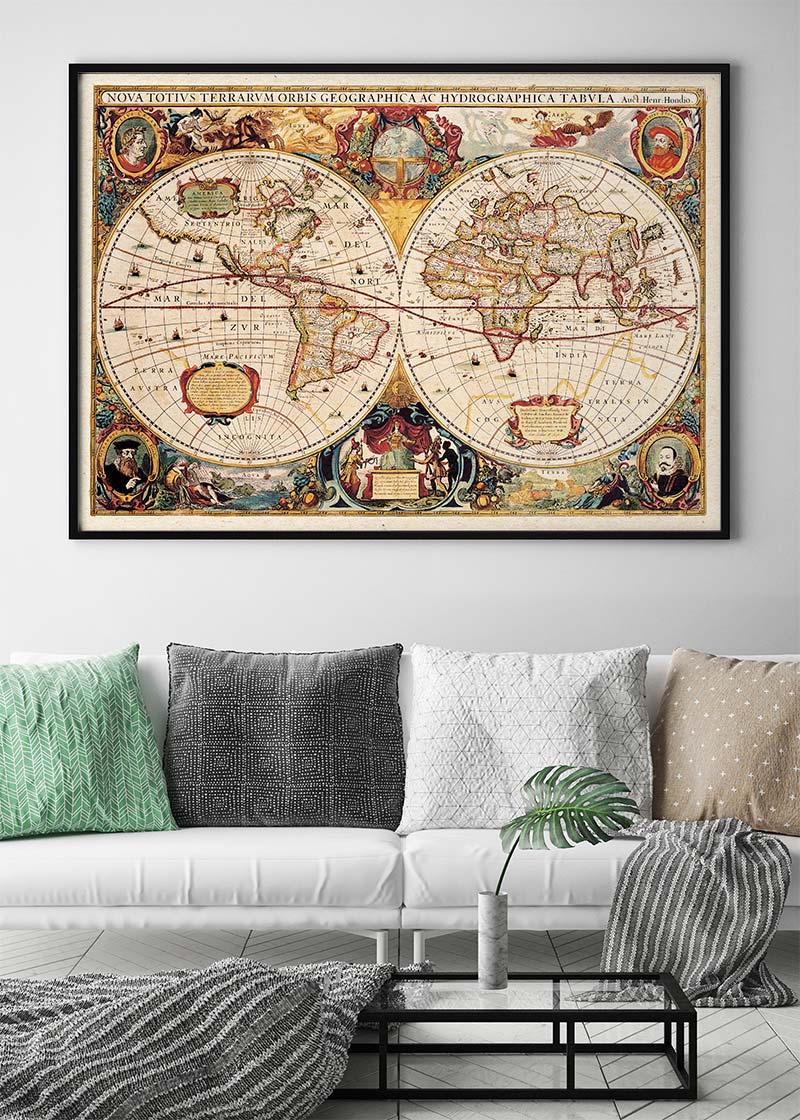 Antique World Map Double Hemisphere Map by Henricus Hondius 1630
