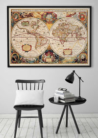 Antique World Map Double Hemisphere Map by Henricus Hondius 1630