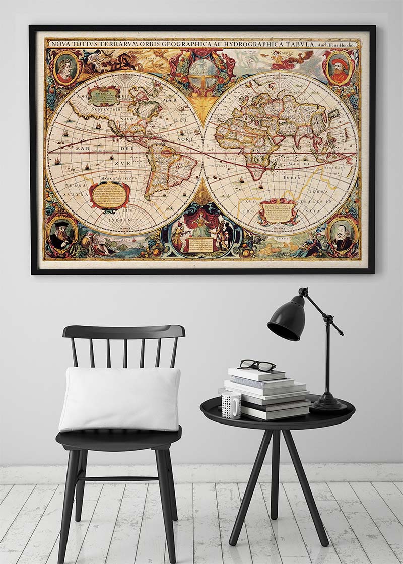 Antique World Map Double Hemisphere Map by Henricus Hondius 1630