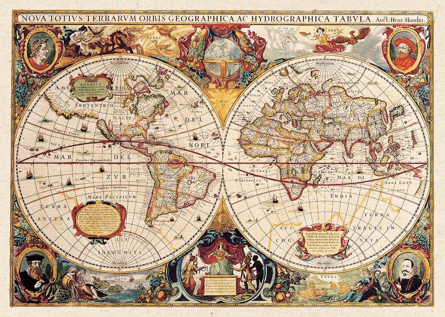 Antique World Map Double Hemisphere Map by Henricus Hondius 1630