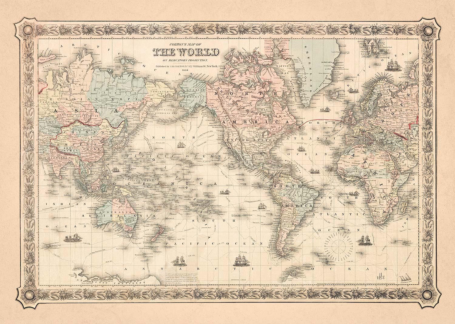 Coltons Map of the World on Mercators Projection 1858