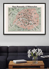 Plan Of Paris With Significant Buildings And Metro Lines 1920