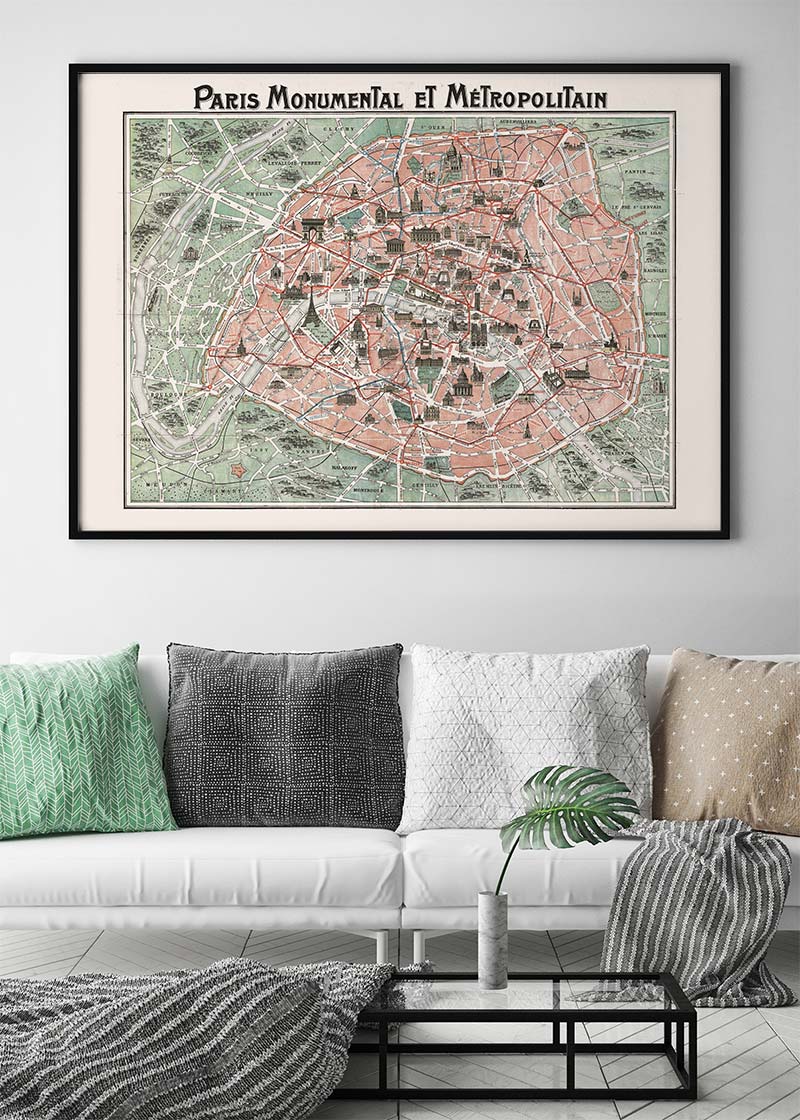 Plan Of Paris With Significant Buildings And Metro Lines 1920