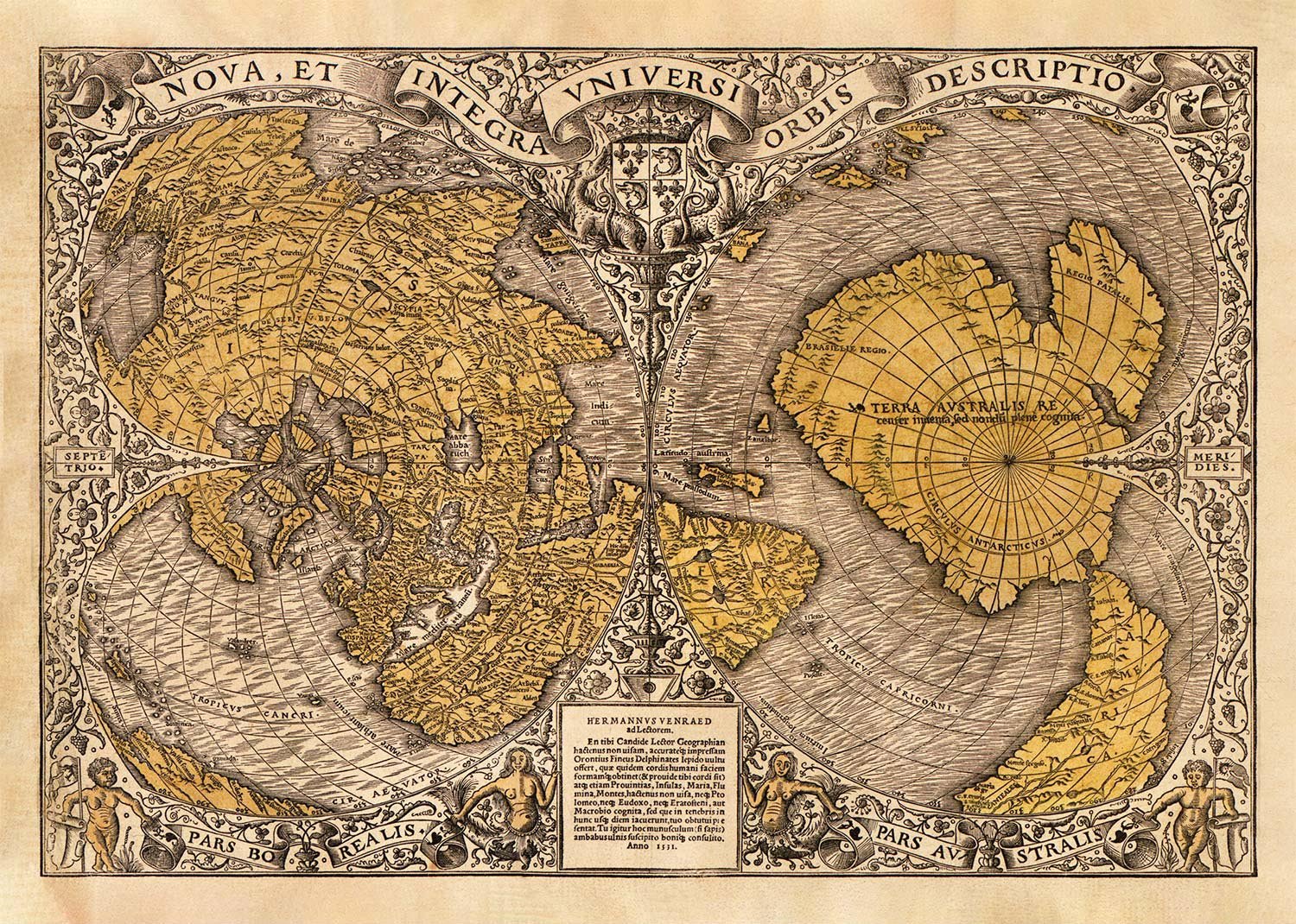 1531 Full-Sheet Woodcut Map Of The World by Oronce Fine