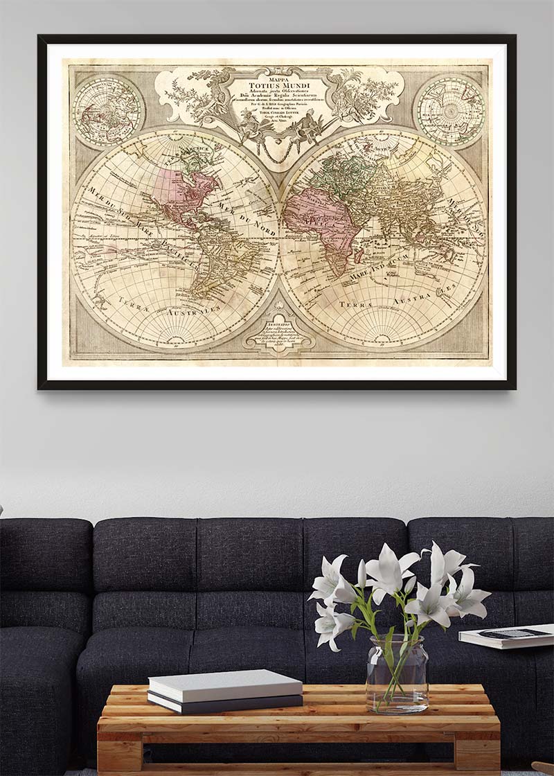 Decorative Large Double Hemisphere World Map
