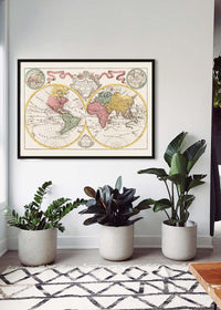 Hand Coloured Double Hemisphere World Map