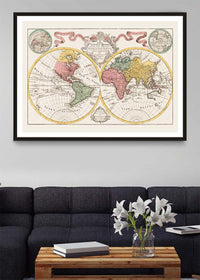 Hand Coloured Double Hemisphere World Map