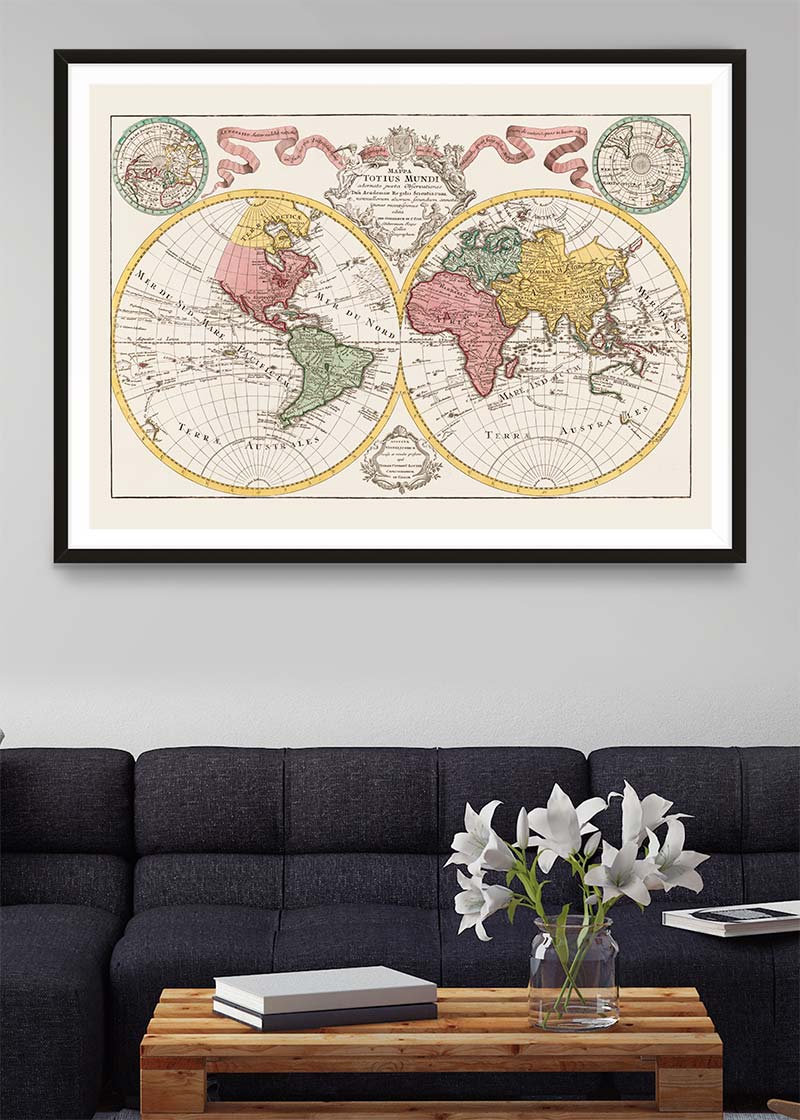 Hand Coloured Double Hemisphere World Map