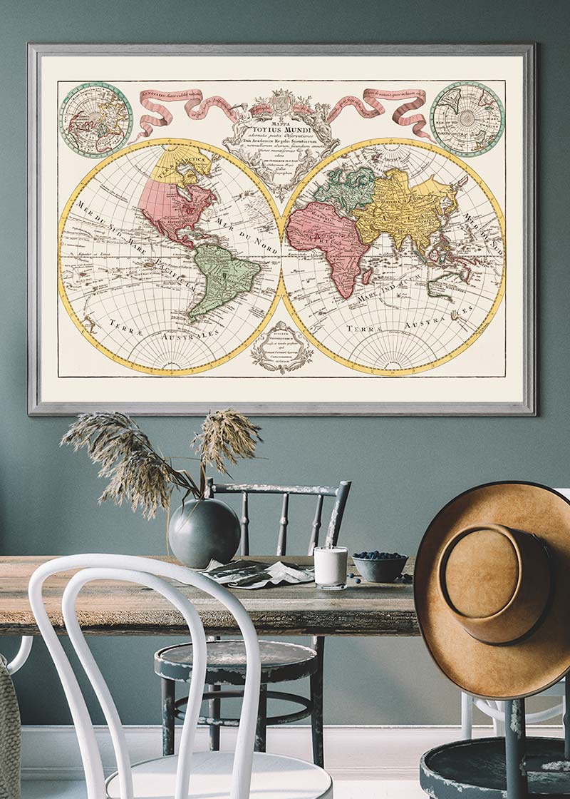 Hand Coloured Double Hemisphere World Map