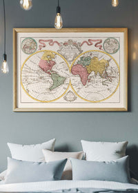 Hand Coloured Double Hemisphere World Map