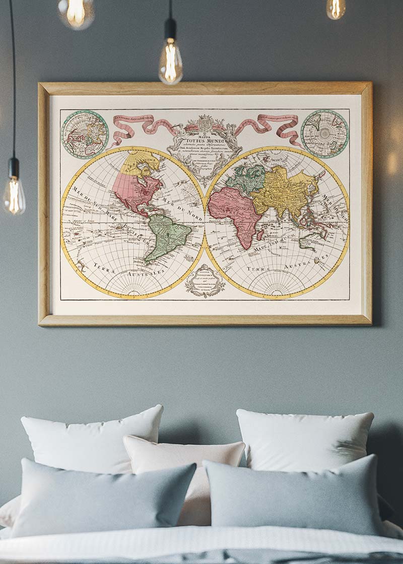 Hand Coloured Double Hemisphere World Map