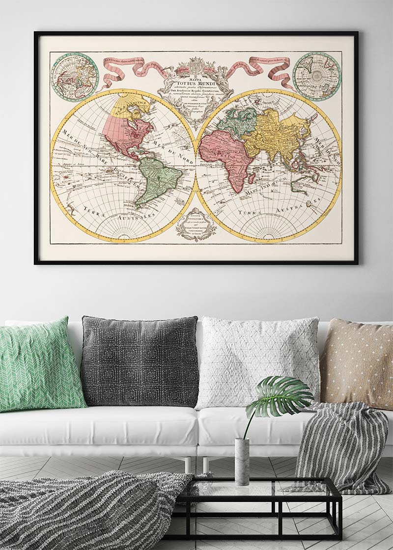 Hand Coloured Double Hemisphere World Map