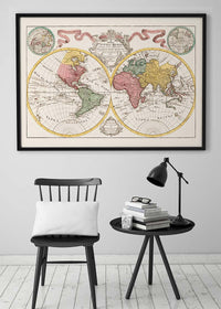 Hand Coloured Double Hemisphere World Map