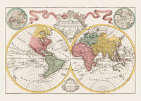 Hand Coloured Double Hemisphere World Map