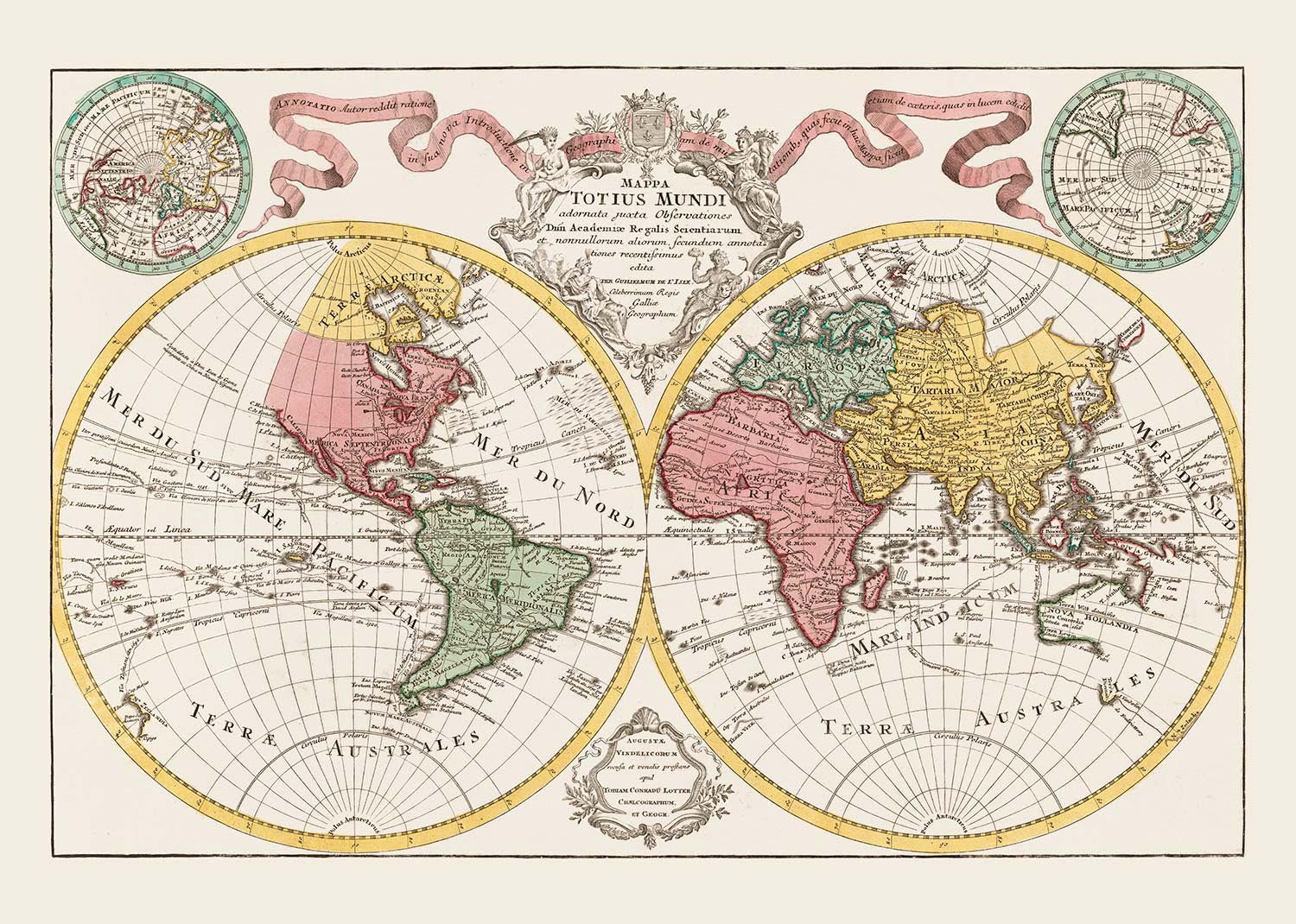Hand Coloured Double Hemisphere World Map
