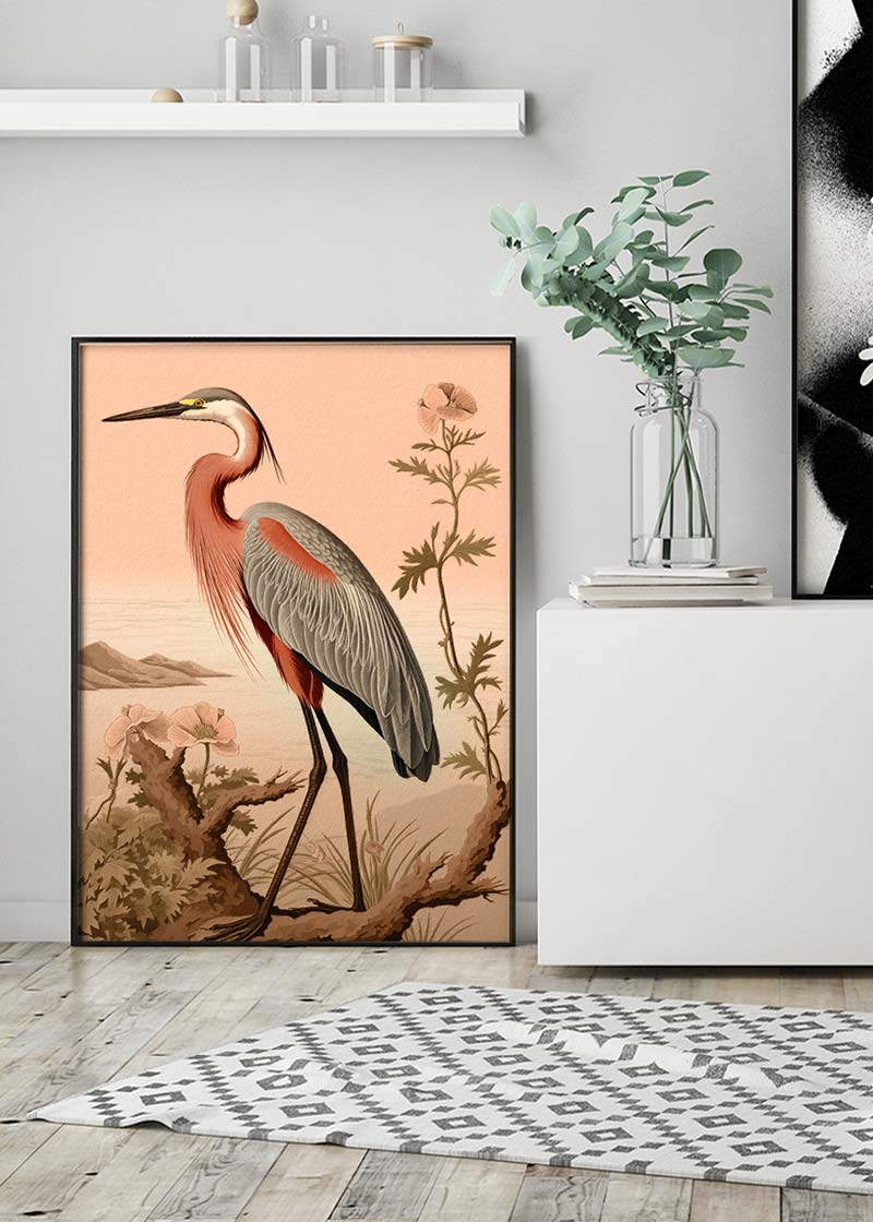 Vintage Heron Illustration Peach Print