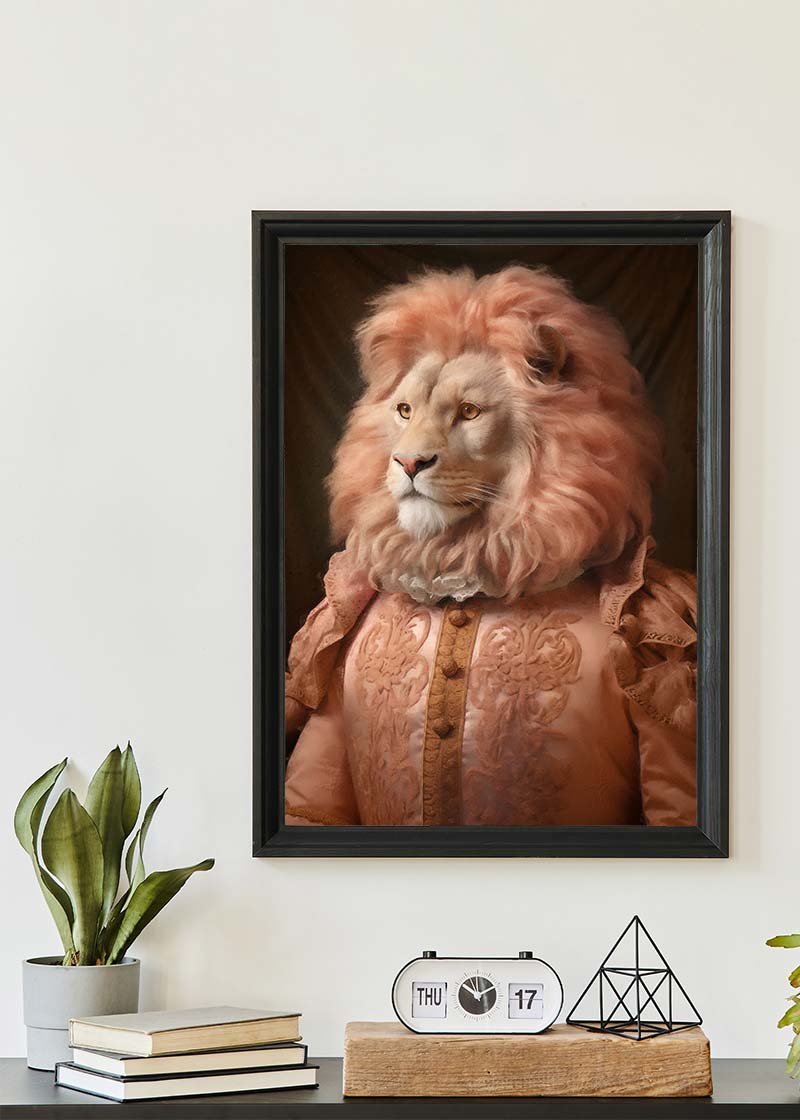 Lion in Peach Jacket Animal Portrait Print
