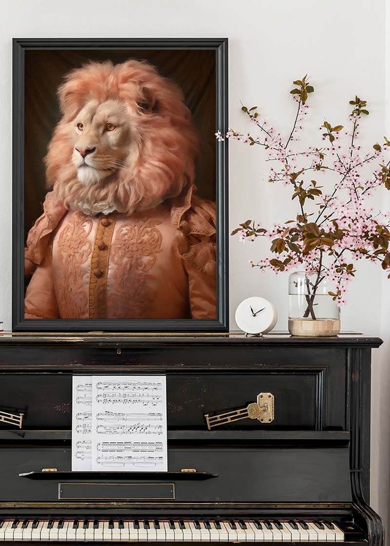 Lion in Peach Jacket Animal Portrait Print