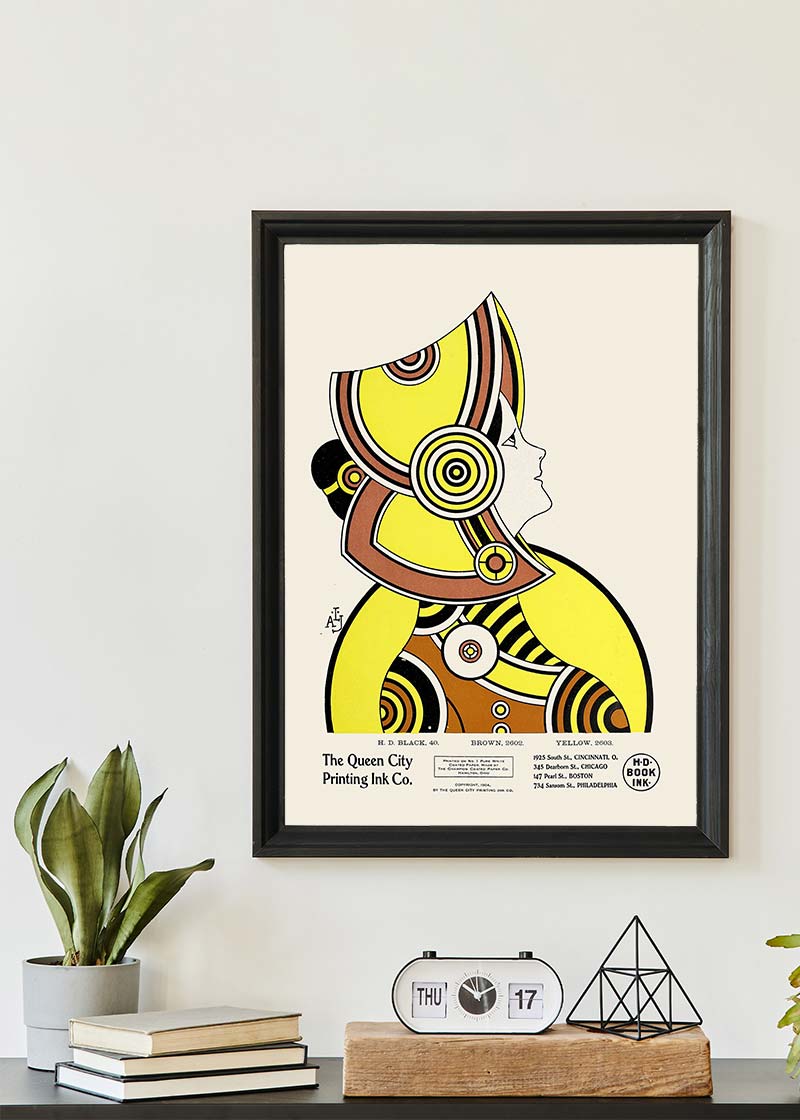 Queen City Printing Inks Vintage Poster - Yellow & Brown Lady Print