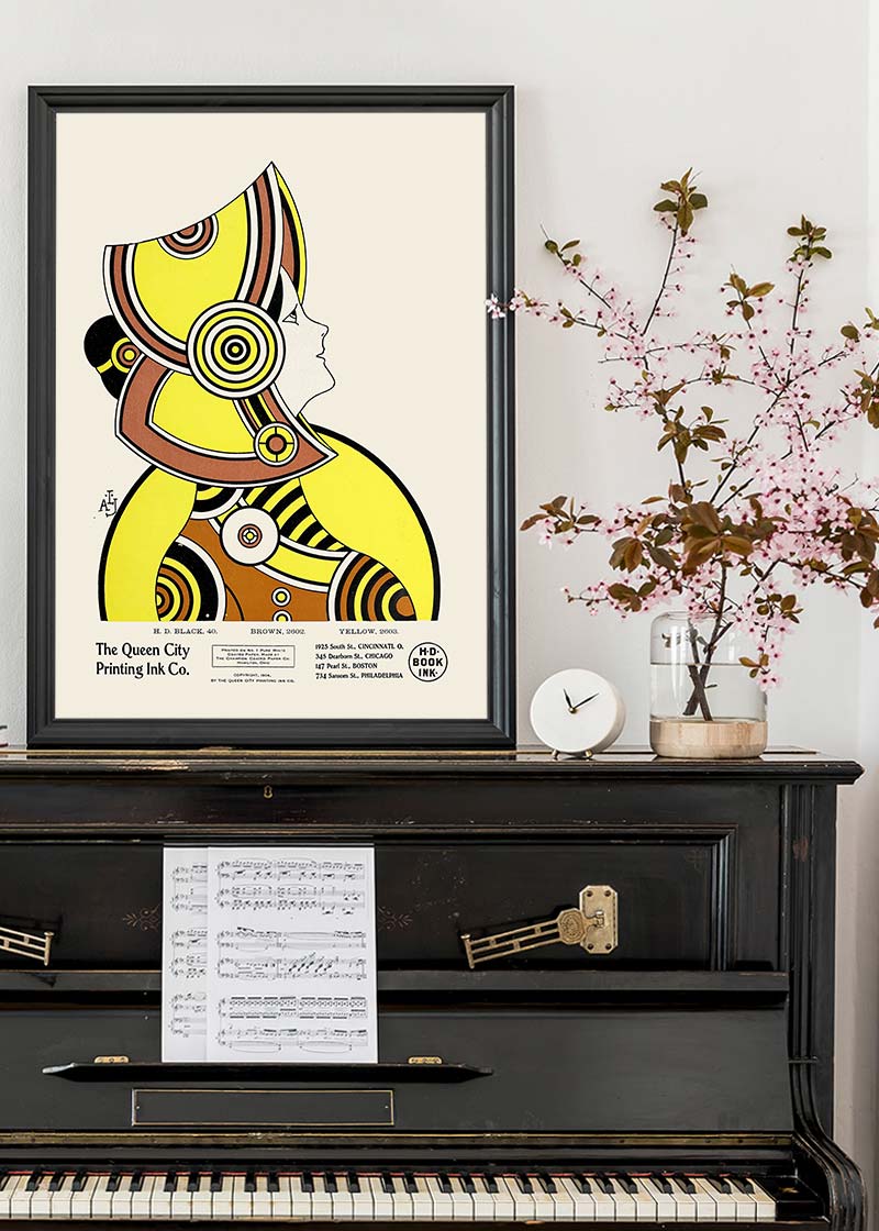 Queen City Printing Inks Vintage Poster - Yellow & Brown Lady Print