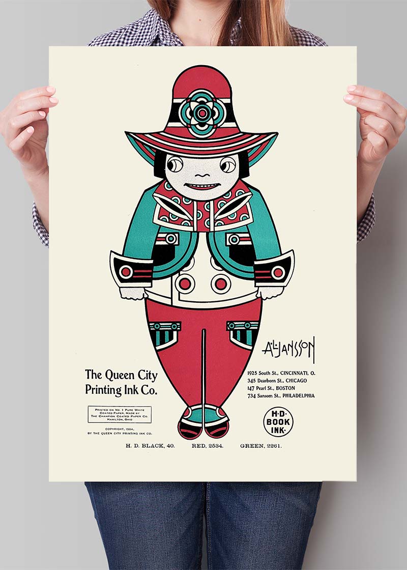 Queen City Printing Inks Vintage Poster - Red & Green Man Print