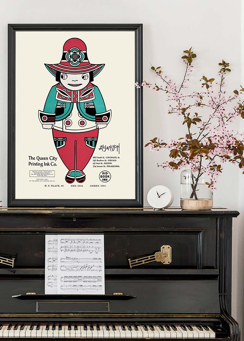 Queen City Printing Inks Vintage Poster - Red & Green Man Print