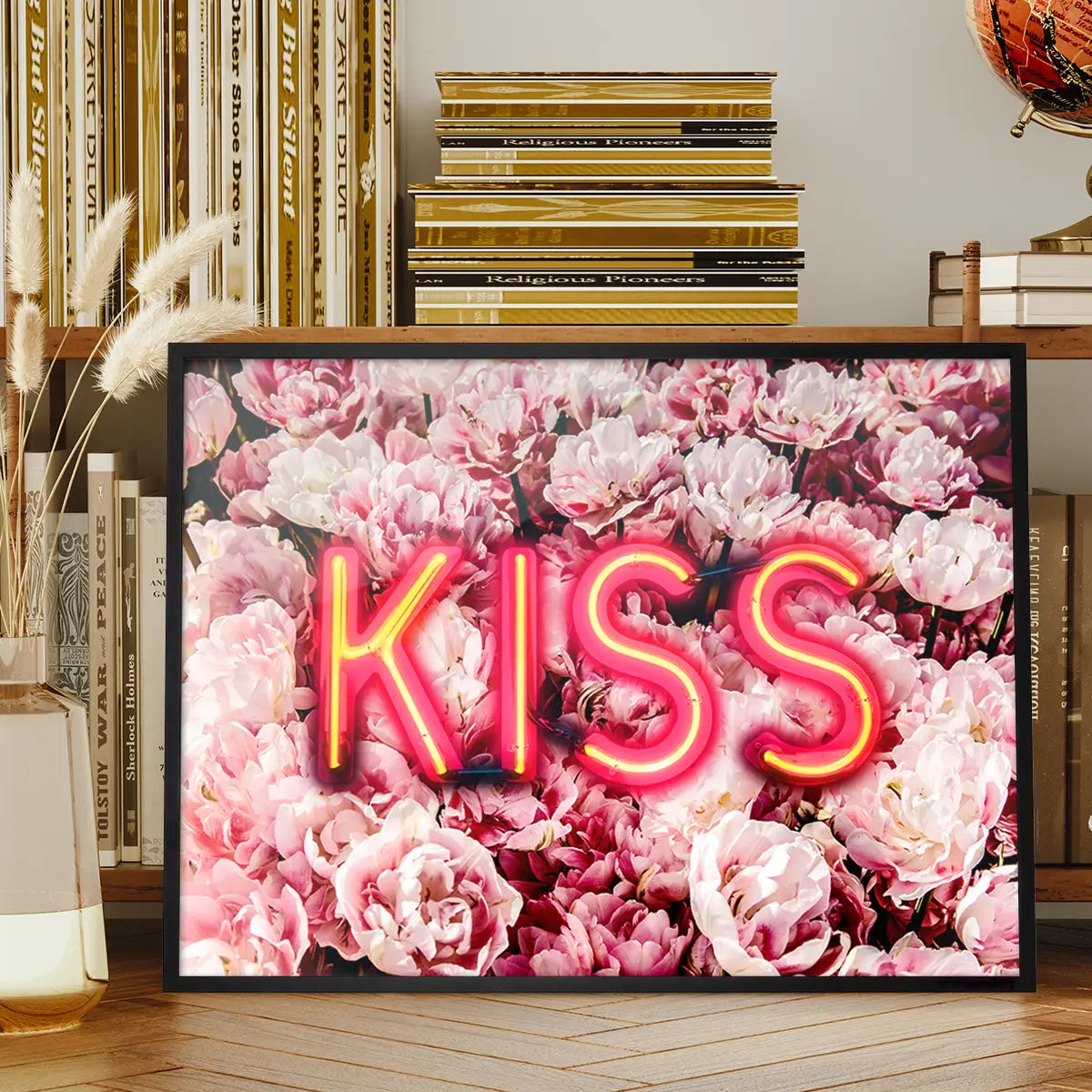 Kiss Neon Sign Roses Print