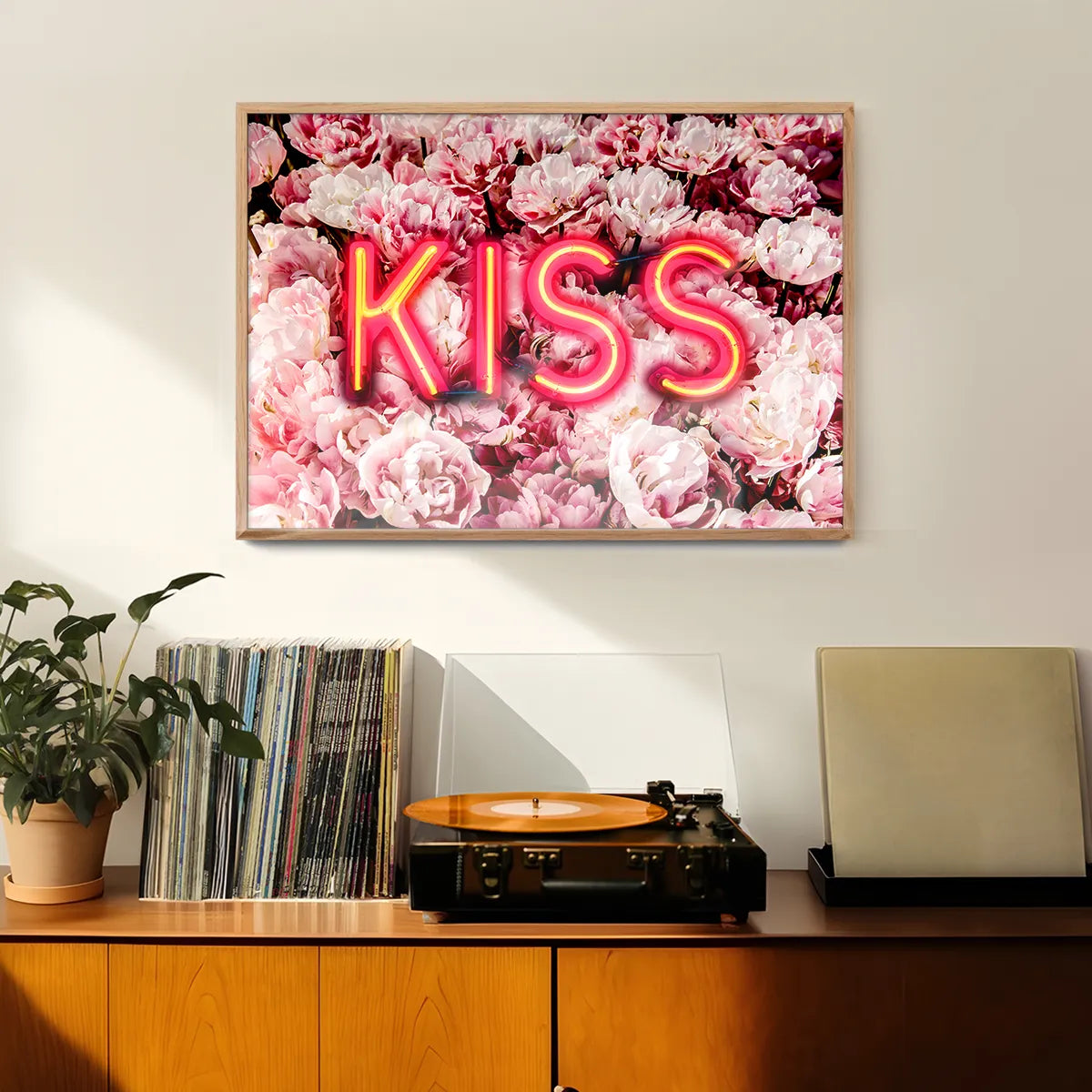 Kiss Neon Sign Roses Print