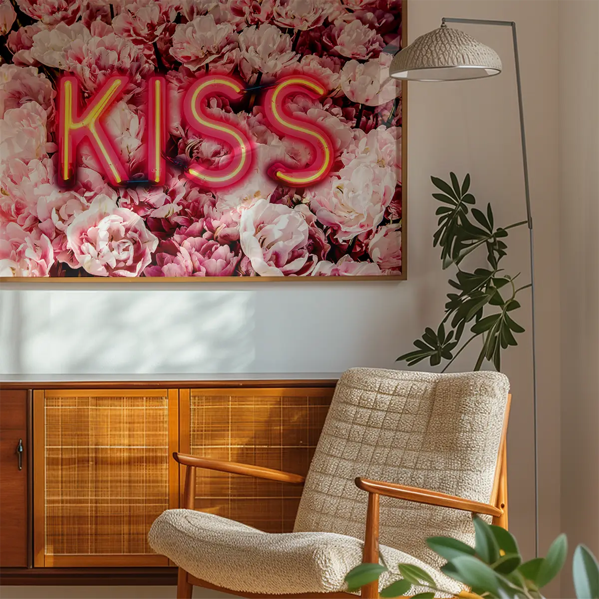 Kiss Neon Sign Roses Print