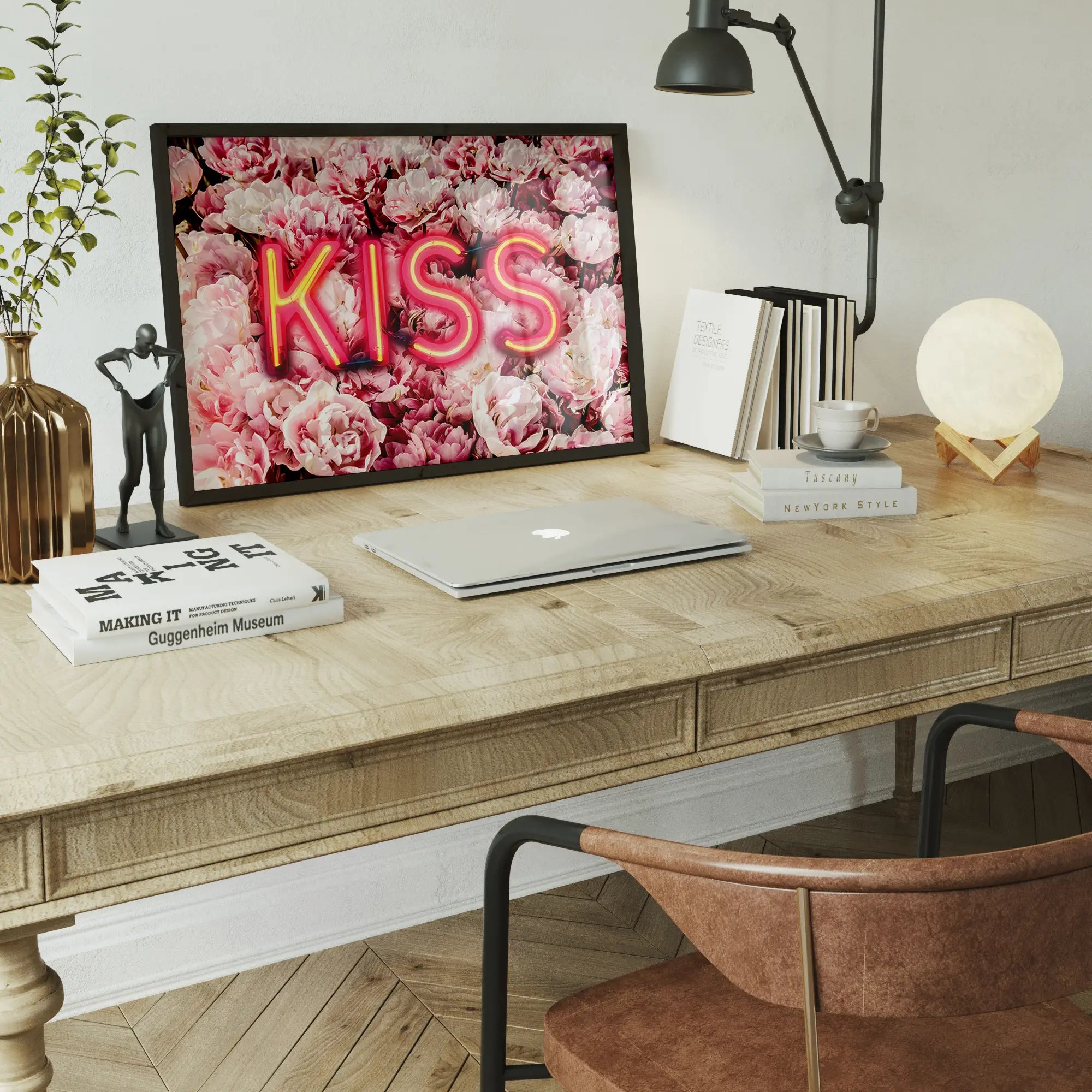 Kiss Neon Sign Roses Print