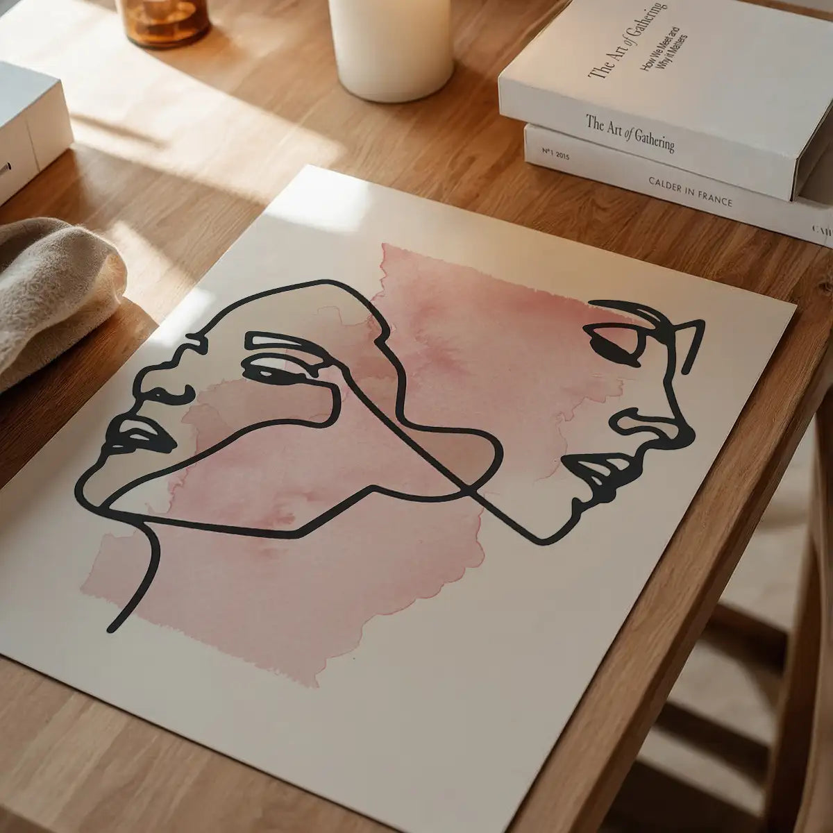 Two Faces Line Art Watercolour Print