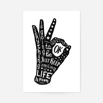 OK Fingers Typography Black And White Print