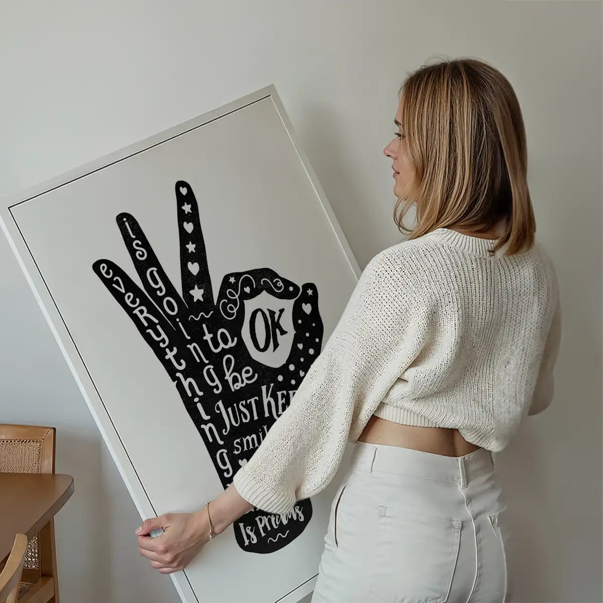 OK Fingers Typography Black And White Print