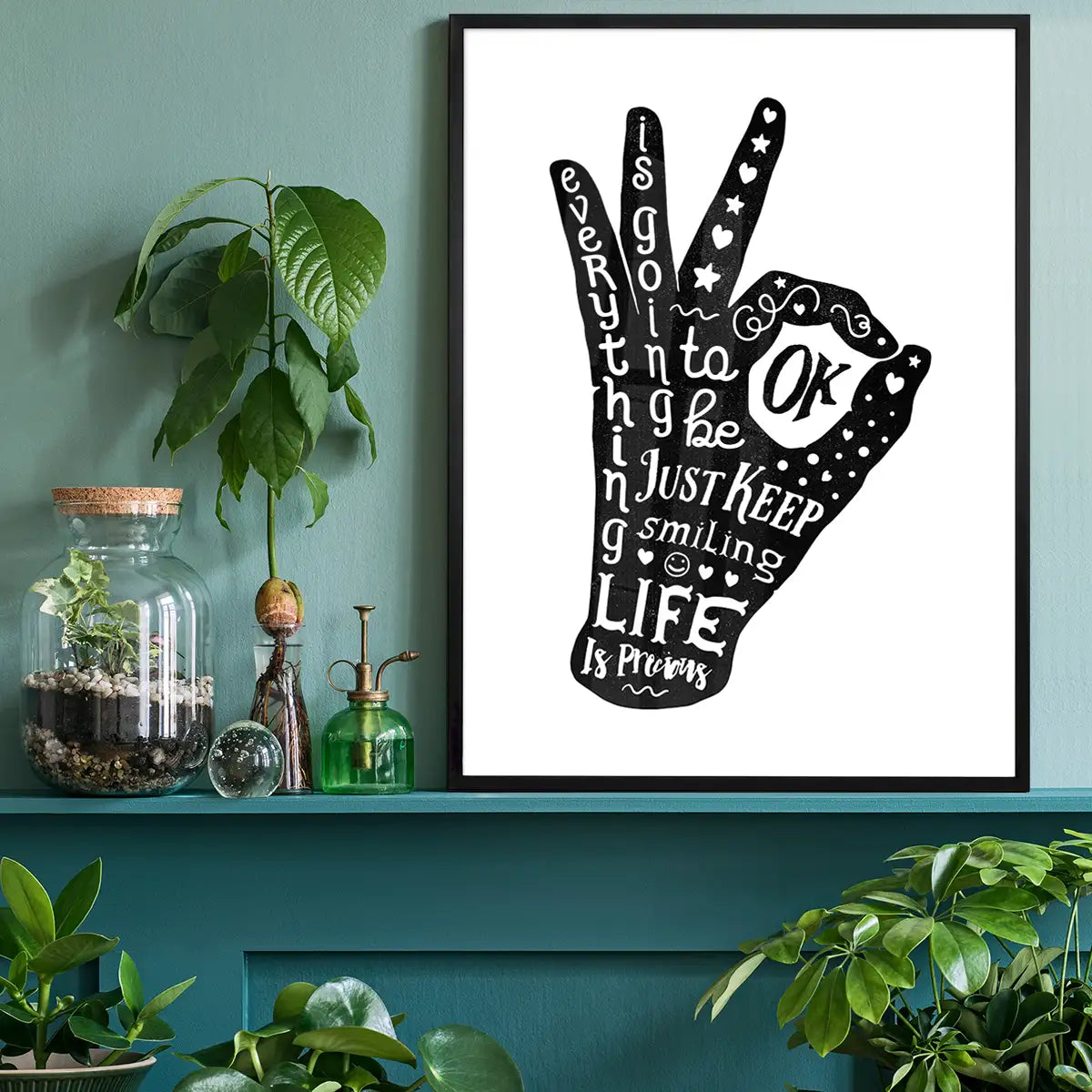 OK Fingers Typography Black And White Print