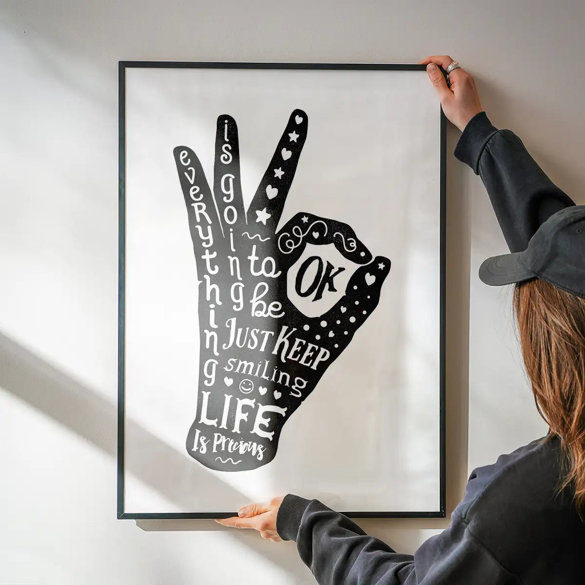 OK Fingers Typography Black And White Print
