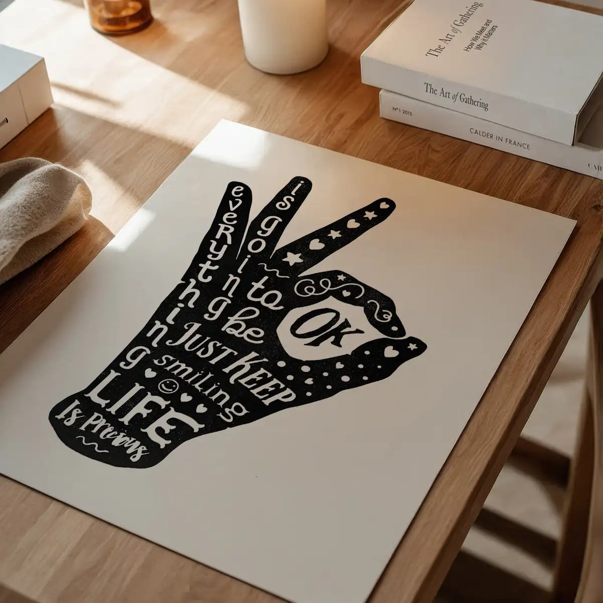 OK Fingers Typography Black And White Print