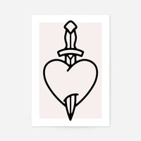 Heart And Dagger Black And White Tattoo Style Print