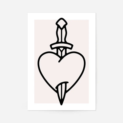 Heart And Dagger Black And White Tattoo Style Print