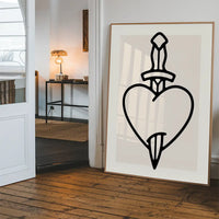 Heart And Dagger Black And White Tattoo Style Print