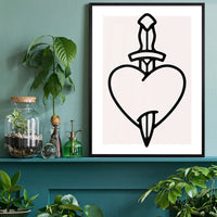 Heart And Dagger Black And White Tattoo Style Print