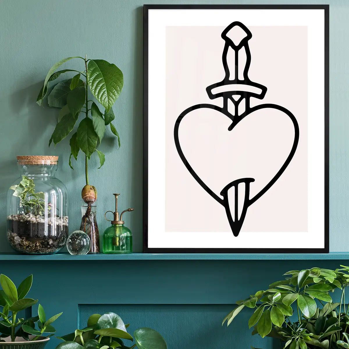 Heart And Dagger Black And White Tattoo Style Print