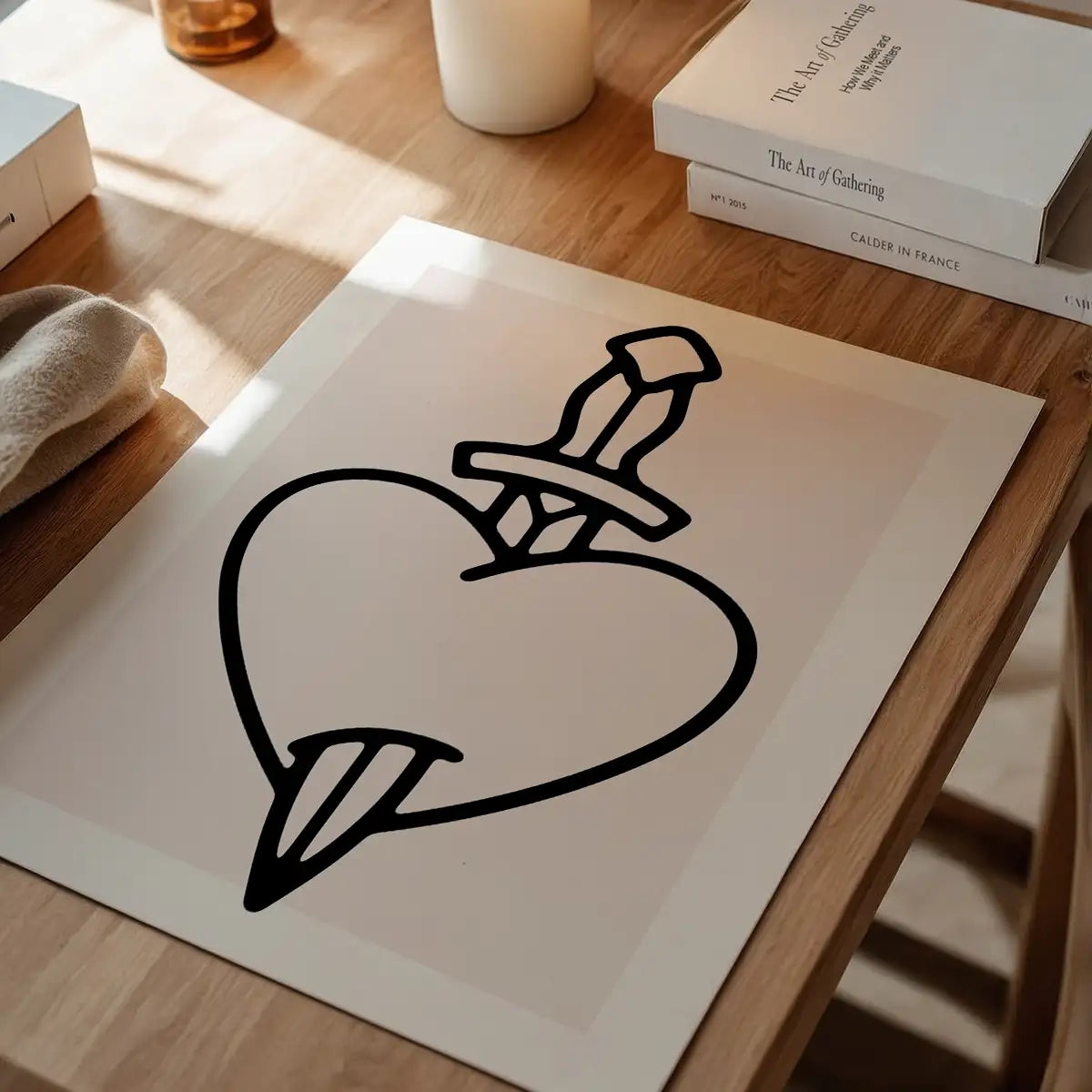 Heart And Dagger Black And White Tattoo Style Print