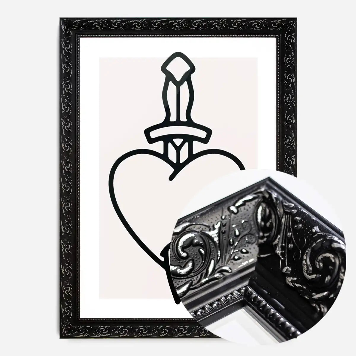 Heart And Dagger Black And White Tattoo Style Print