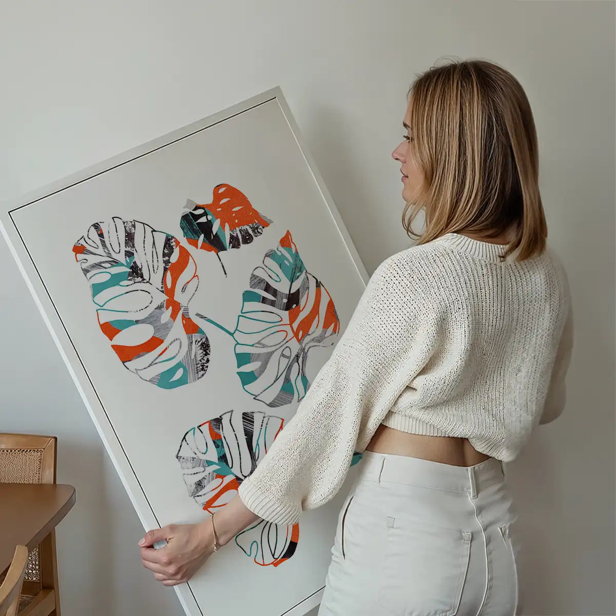 Orange And Teal Abstract Monstera Print