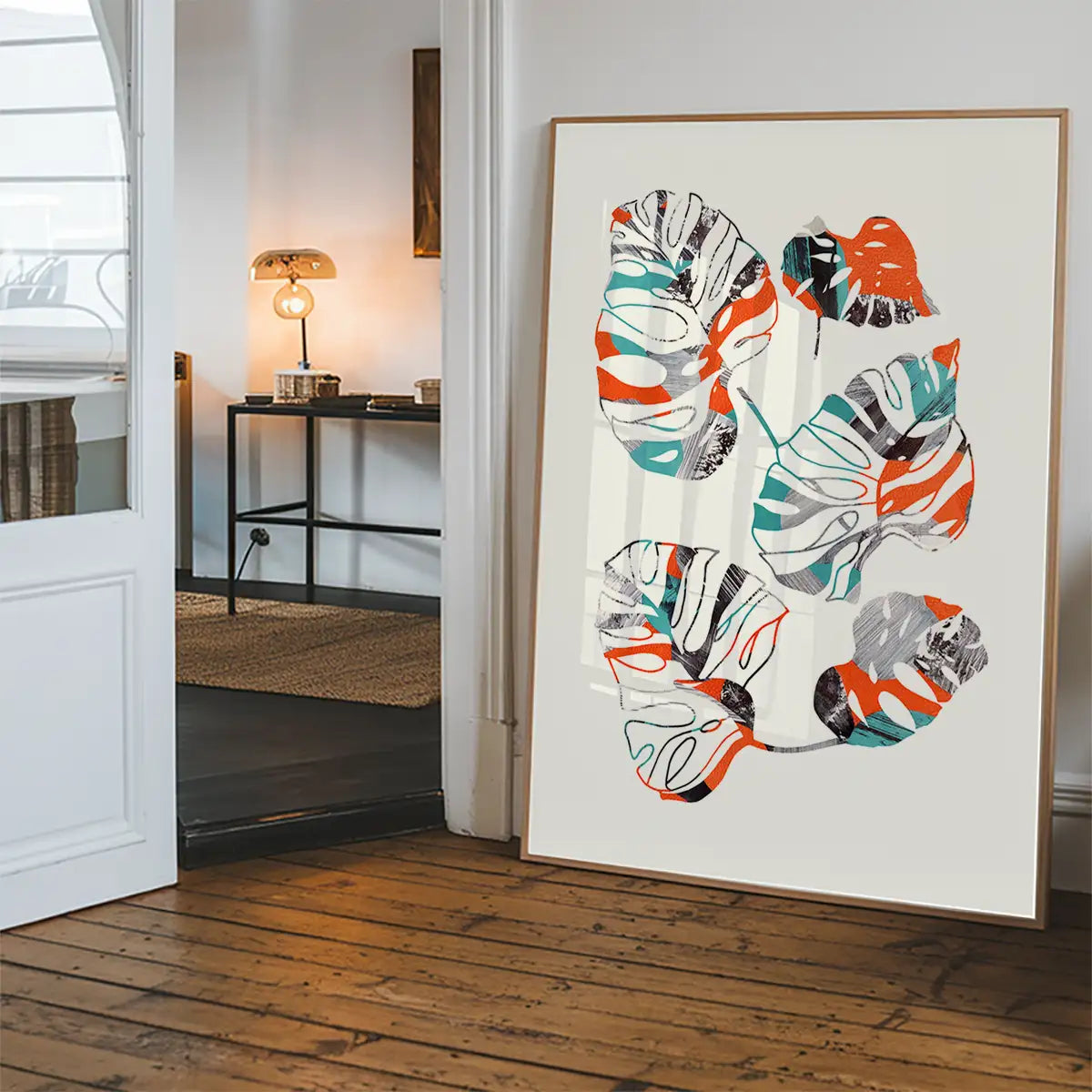 Orange And Teal Abstract Monstera Print