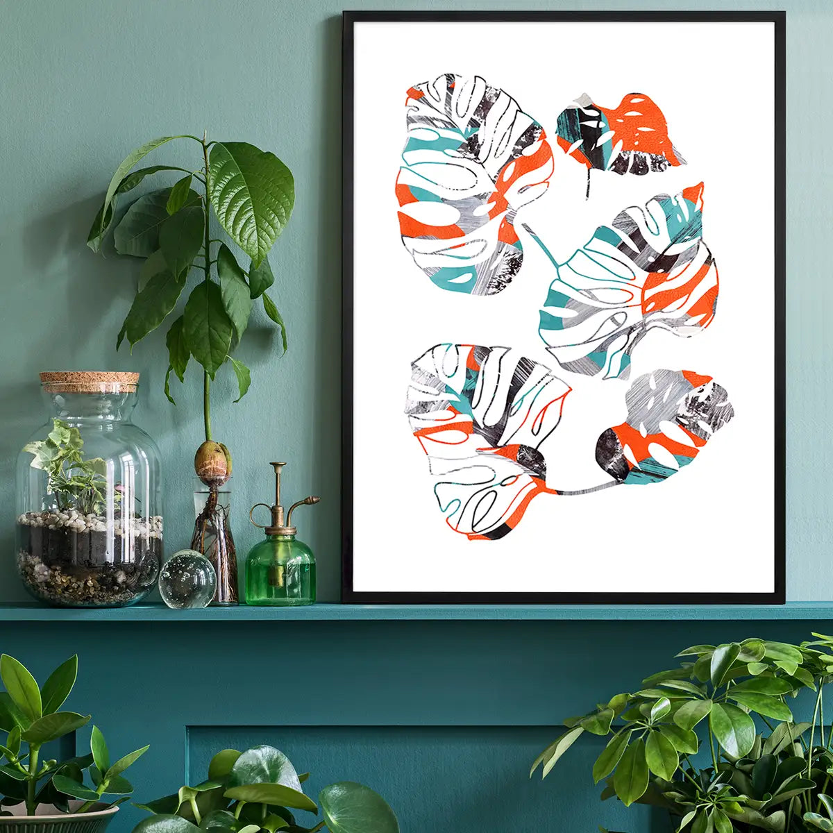 Orange And Teal Abstract Monstera Print