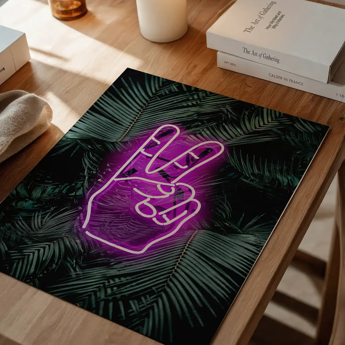 Peace Fingers Neon Tropical Art Print